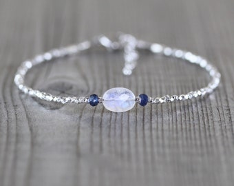 Rainbow Moonstone, Sapphire & Sterling Silver Bracelet, Delicate Blue Flash Gemstone Jewelry, Dainty Tiny Beaded Stacking Bracelet for Women
