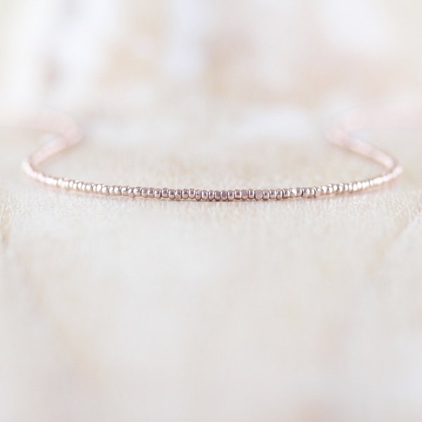 Delicate Rose Gold Beaded Necklace, Dainty Tiny Czech Charlotte Seed Bead & Rose Gold Filled Choker, Long Simple Layering Necklace for Women