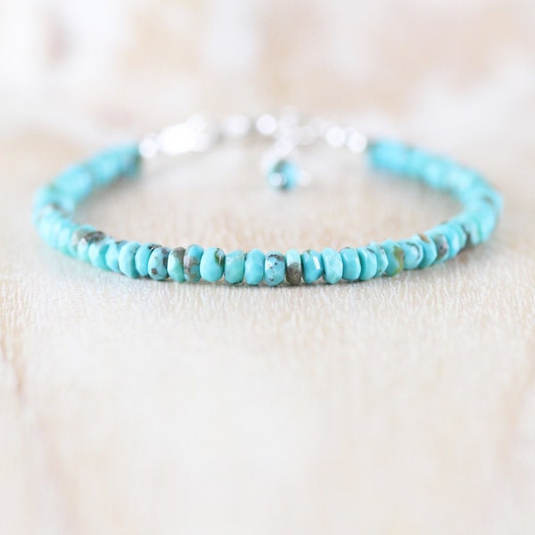 Arizona Sleeping Beauty Turquoise Bracelet in Sterling Silver, Gold or Rose Gold Filled, Dainty Beaded Gemstone Stacking Bracelet for Women