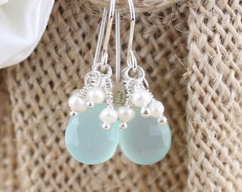 Aqua Chalcedony, Freshwater Pearl & Sterling Silver Cluster Earrings, Beaded Gemstone Dangle Earrings, Fine Jewelry Gift for Women