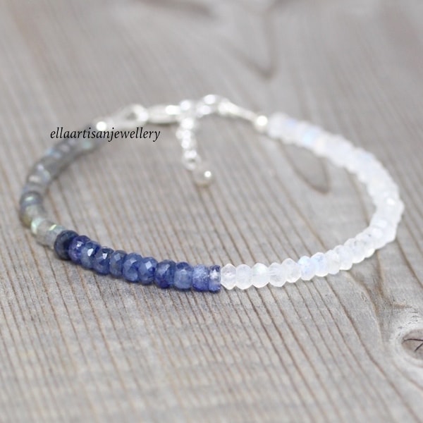 Sapphire, Labradorite & Rainbow Moonstone Bracelet, Sterling Silver, Gold or Rose Gold Filled, Dainty Blue Flash Gemstone 4mm Faceted Beads