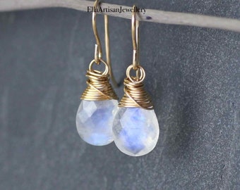 Rainbow Moonstone & 14Kt Gold Filled Earrings, AAA Flashy Blue Semi Precious Gemstone, Wire Wrapped Artisan Jewelry for Women