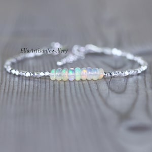 Ethiopian Welo Opal, Sterling & Fine Silver Bracelet, Dainty Beaded Gemstone with Karen Hill Tribe Thai Silver Beads, Jewelry for Women