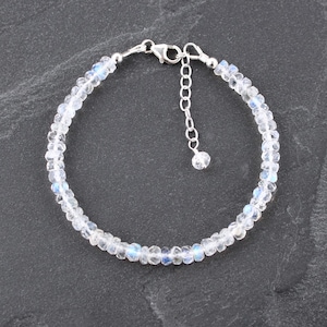 AAA Rainbow Moonstone Bracelet in Sterling Silver, 14Kt Gold or Rose Gold Filled with Blue Flash Gemstone 5mm Faceted Rondelle Beads