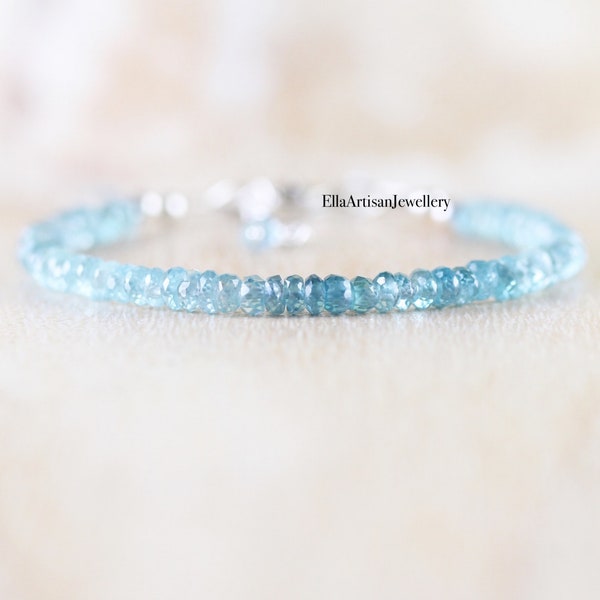 Natural Zircon Dainty Bracelet in Sterling Silver, Gold or Rose Gold Filled, AAA Delicate Blue Gemstone Beaded Stacking Bracelet for Women