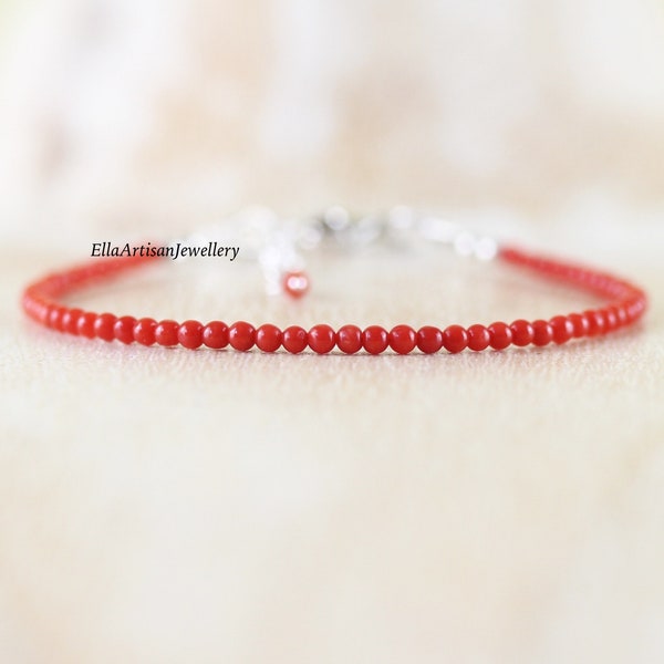 Italian Red Coral Beaded Bracelet in Sterling Silver, Gold or Rose Gold Filled, Genuine Untreated Mediterranean Red Coral Jewelry for Women