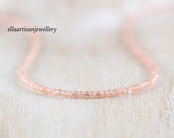 Sunstone Delicate Beaded Necklace, Sterling Silver, Gold or Rose Gold Filled, Dainty Tiny Gemstone Choker, Long Layering Necklace for Women
