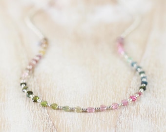 Watermelon Tourmaline, Seed Bead & Sterling Silver Necklace, Dainty Multi Color Gemstone Choker, Long Beaded Layering Necklace for Women