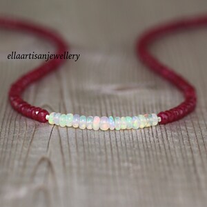 Ethiopian Welo Opal & Ruby Necklace in Sterling Silver, Gold or Rose Gold Filled, Dainty Gemstone Choker, Long Layering Necklace for Women