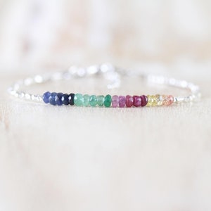 Sapphire, Ruby, Emerald, Sterling & Fine Silver Bracelet, Dainty Delicate Multi Color Gemstone Stacking Bracelet for Women, Karen Hill Tribe