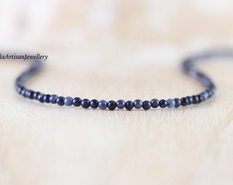Dumortierite Tiny Beaded Necklace in Sterling Silver, Gold or Rose Gold Filled, Dainty Gemstone Choker, Long Layering Necklace for Women