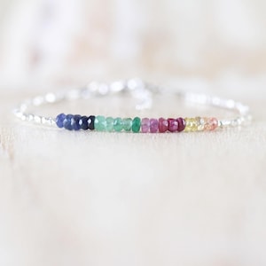 Sapphire, Ruby, Emerald, Sterling & Fine Silver Bracelet, Dainty Delicate Multi Color Gemstone Stacking Bracelet for Women, Karen Hill Tribe