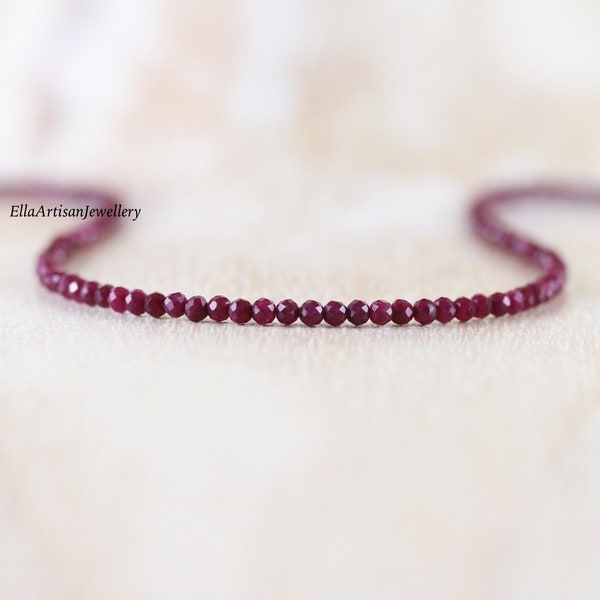 Delicate Ruby Beaded Necklace in Sterling Silver, Gold or Rose Gold Filled, Dainty Gemstone Choker or Long Layering Necklace, Dark Red Ruby