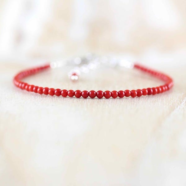 Red Coral Bracelet in Sterling Silver, Gold or Rose Gold Filled, Minimalist Stacking Bracelet with Tiny 2mm Smooth Round Beads, Gift for Her