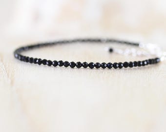Black Obsidian Delicate Bracelet in Sterling Silver, Gold or Rose Gold Filled, Dainty Gemstone Stacking Bracelet with 2 -2.2mm Faceted Beads