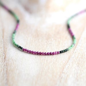 Ruby Zoisite Necklace in Sterling Silver, Gold or Rose Gold Filled, Dainty Ombre Emerald & Ruby Choker with Tiny 2 to 2.2mm Faceted Beads
