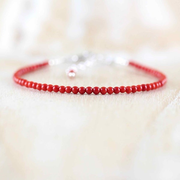 Red Coral Bracelet in Sterling Silver, Gold or Rose Gold Filled, Tiny 2mm Beaded Stacking Bracelet, Minimal Jewelry for Women, Gift for Mum