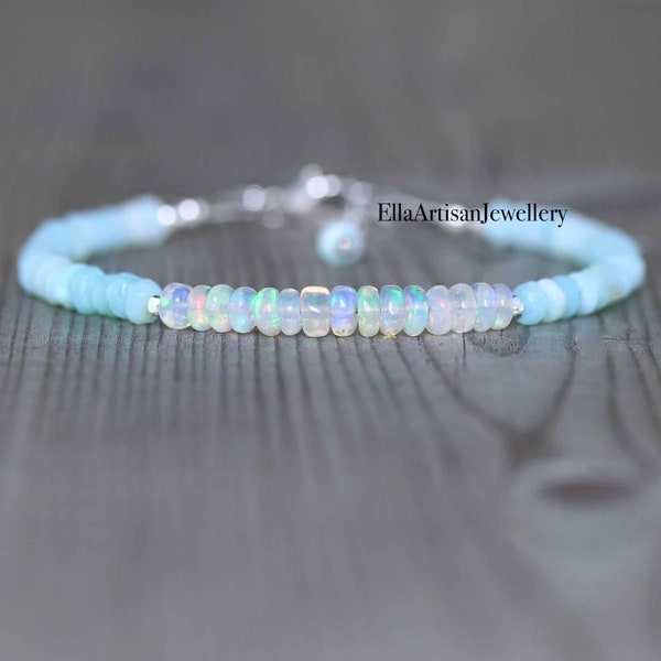 Ethiopian Welo & Peruvian Blue Opal Bracelet in Sterling Silver, Gold or Rose Gold Filled, Dainty Beaded Gemstone, Boho Jewelry for Women