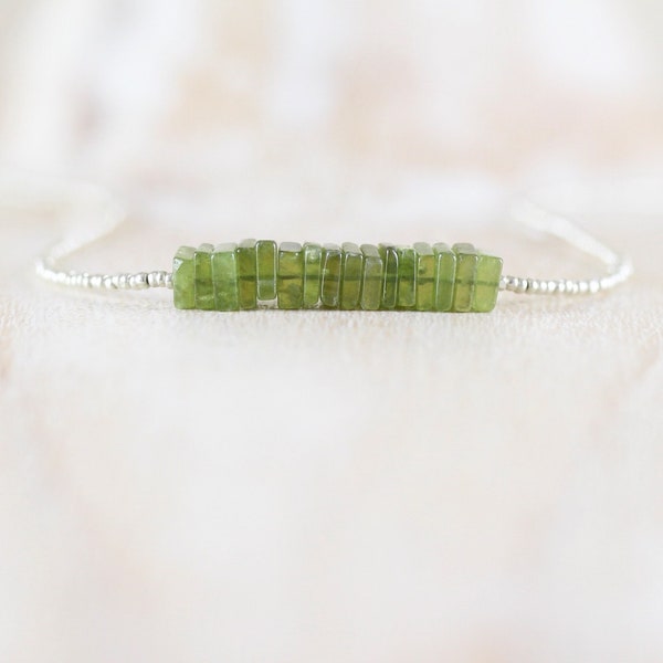 Vesuvianite Green Garnet Necklace, Idocrase Choker with Czech Charlotte Seed Beads & Sterling Silver Clasp, Natural Gemstone Jewelry