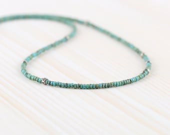 Turquoise & Sterling Silver Seed Bead Necklace, Tiny Beaded Boho Choker, Dainty Green and Blue Minimalist Jewellery, Gift for Her