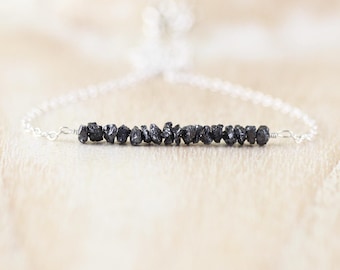 Raw Black Diamond Bar Necklace in Sterling Silver, 14Kt Gold or Rose Gold Filled, Dainty Rough Gemstone Choker