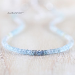 Aquamarine Beaded Necklace, Ombre Blue Gemstone Choker in Sterling Silver, Gold or Rose Gold Filled, Dainty Crystal Jewelry for Women