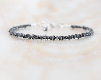 Raw Black Diamond Bracelet in Sterling Silver, Gold or Rose Gold Filled with Dainty 2 to 3mm Natural Rough Uncut Diamonds, April Birthstone