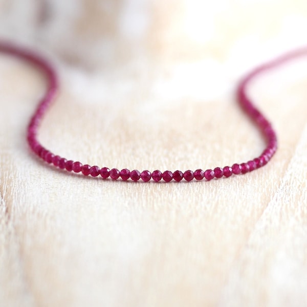 Ruby Beaded Necklace in Sterling Silver, Gold or Rose Gold Filled, Raspberry Pink Dainty Faceted Gemstone Choker, Long Crystal Necklace