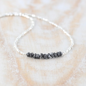 Raw Black Diamond, Sterling & Fine Silver Necklace, Dainty 3 to 4mm Rough Gemstone Choker, Delicate Beaded Layering Necklace for Women