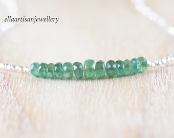 Zambian Emerald, Sterling & Fine Silver Necklace, Dainty Precious Gemstone Choker with Karen Hill Tribe Thai Silver Beads, Jewelry for Women