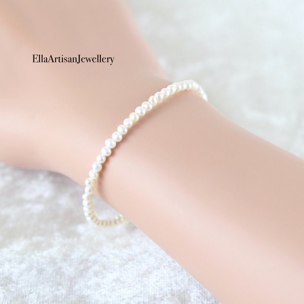 Natural White, Ivory Freshwater Seed Pearl Bracelet in Sterling Silver, Gold or Rose Gold Filled, Adjustable Size with Extender Chain