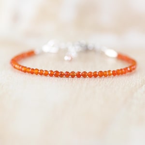 Carnelian Bracelet in Sterling Silver, Gold or Rose Gold Filled, Dainty Orange Gemstone, Tiny Beaded Stacking Bracelet, 2 mm Faceted Beads