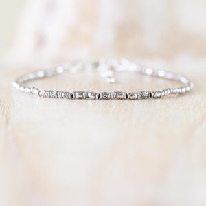 Sterling & Fine Silver Dainty Bracelet, Karen Hill Tribe Silver Oxidised Imprint Bamboo Bead Bracelet, Delicate Stacking Bracelet for Women