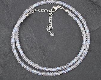 Rainbow Moonstone Beaded Necklace in Sterling Silver, Gold or Rose Gold Filled, Dainty Blue Flash Gemstone Choker, Long Necklace for Women