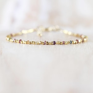 Tundra Sapphire & 14Kt Gold Vermeil Bracelet, Delicate Multi Color Gemstone Skinny Stacking Bracelet, Dainty Tiny Beaded Jewelry for Women