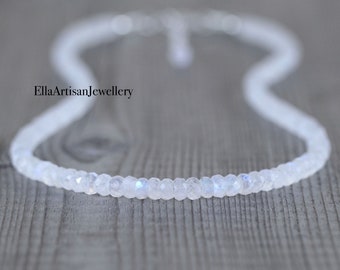 Rainbow Moonstone Beaded Necklace in Sterling Silver, Gold or Rose Gold Filled, Blue Flash Gemstone Choker, Long Layering Necklace for Women