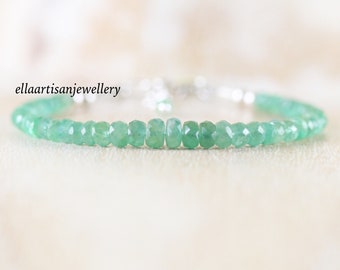 Zambian Emerald Beaded Bracelet in Sterling Silver, Gold or Rose Gold Filled, Dainty Stacking Bracelet, Delicate Gemstone Jewelry for Women