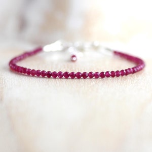 Ruby Bracelet In Sterling Silver, Gold or Rose Gold Filled with Dainty 2mm Faceted Beads, July Birthstone Gift for Her, Raspberry Pink Ruby
