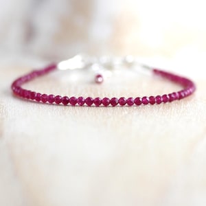 Ruby Bracelet In Sterling Silver, Gold or Rose Gold Filled with Dainty 2mm Faceted Beads, July Birthstone Gift for Her, Raspberry Pink Ruby