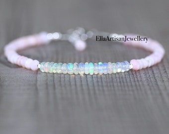 Ethiopian Welo & Peruvian Pink Opal Bracelet in Sterling Silver, Gold or Rose Gold Filled, Dainty Semi Precious Gemstone Jewelry for Women