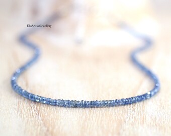 Natural Blue Sapphire Beaded Necklace, Sterling Silver, Gold or Rose Gold Filled, Dainty Faceted Gemstone Choker, High Quality Fine Jewelry