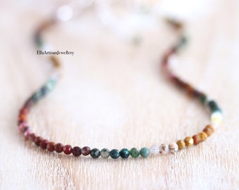 Ocean Jasper Beaded Necklace, Multi Colour Gemstone Choker in Sterling Silver, Gold or Rose Gold Filled, Custom Choice of Length