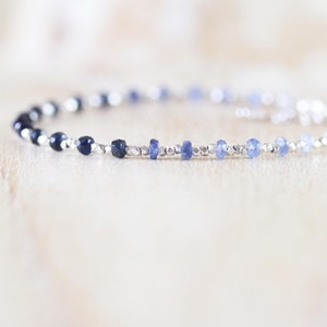 Sapphire, Sterling & Fine Silver Bracelet, Dainty Ombre Blue Gemstone Beaded Stacking Bracelet, Delicate Karen Hill Tribe Jewelry for Women