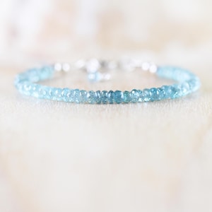 Natural Zircon Dainty Bracelet in Sterling Silver, Gold or Rose Gold Filled, Delicate Blue Gemstone Stacking Bracelet, 3.5mm Faceted Beads