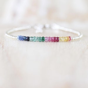 Sapphire, Emerald, Ruby & Sterling Silver Bracelet, Multi Color Gemstone Dainty Stacking Bracelet, Boho Jewelry for Women