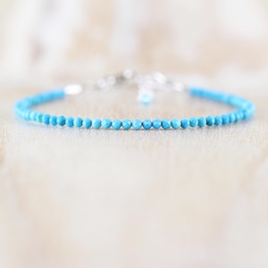 Delicate Turquoise Bracelet in Sterling Silver, Gold or Rose Gold Filled, Dainty Blue Gemstone Stacking Bracelet with 2.2mm Faceted Beads