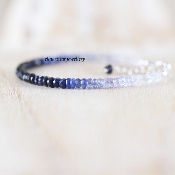 Ombre Blue Sapphire Dainty Bracelet in Sterling Silver, Gold or Rose Gold Filled, Delicate Beaded Gemstone Stacking Bracelet for Women