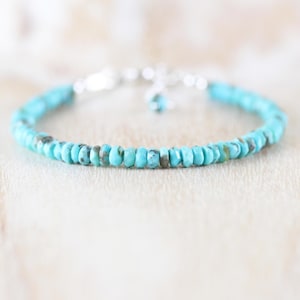 Arizona Sleeping Beauty Turquoise Bracelet in Sterling Silver, Gold or Rose Gold Filled, 4 to 4.5mm Dainty Beaded Gemstone Stacking Bracelet
