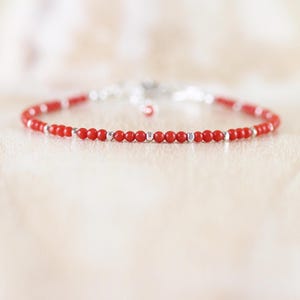 Red Coral Dainty Bracelet in Sterling Silver, Gold or Rose Gold Filled, 2.2mm Round Beads