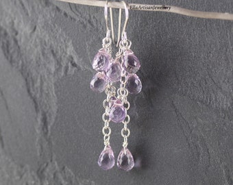 Pink Amethyst & 925 Sterling Silver Cluster Earrings, Lilac Purple Gemstone Long Dangle Earrings, February Birthstone Jewelry Gift for Women